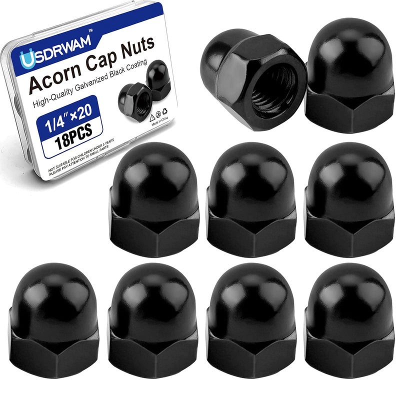 Usdrwam 18Pcs 1/4"-20 Acorn Cap Nuts, Zinc Plating-Black Hex Head Acorn Cap Nuts, Stainless Steel 18-8 (304) Hexagon Dome for Indoor Outdoor - Image 1
